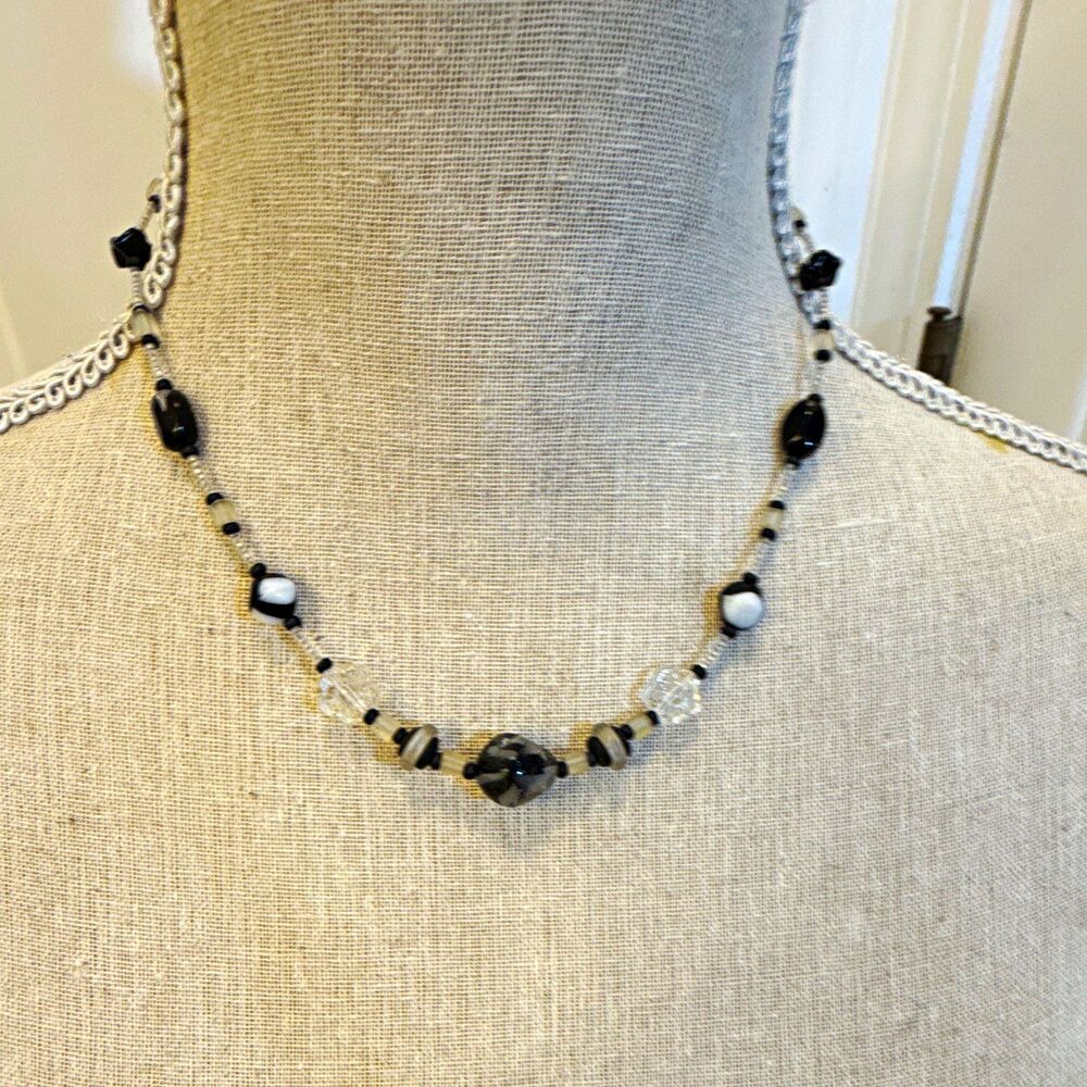 dainty choker Black Clear White Round Glass & Crystal Beaded Necklace 18 in